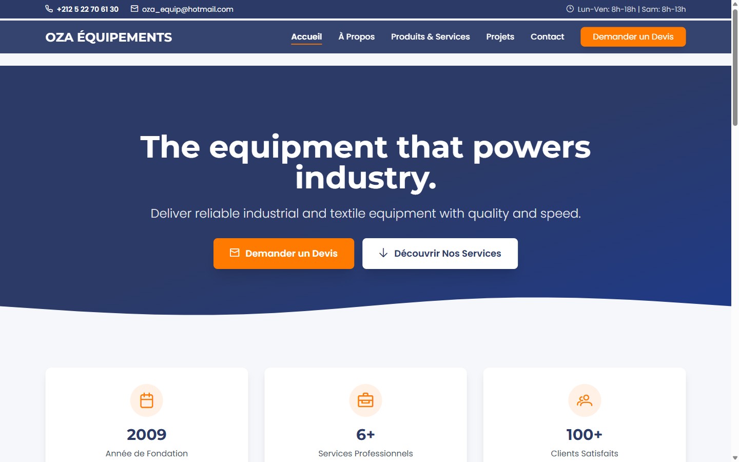 Screenshot of the OZA Équipements site